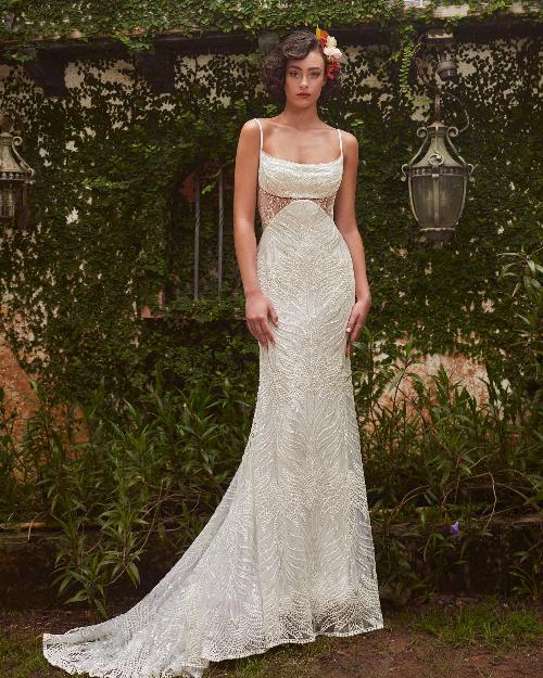 Lp2321 sparkly sexy wedding dress with lace and spaghetti straps1